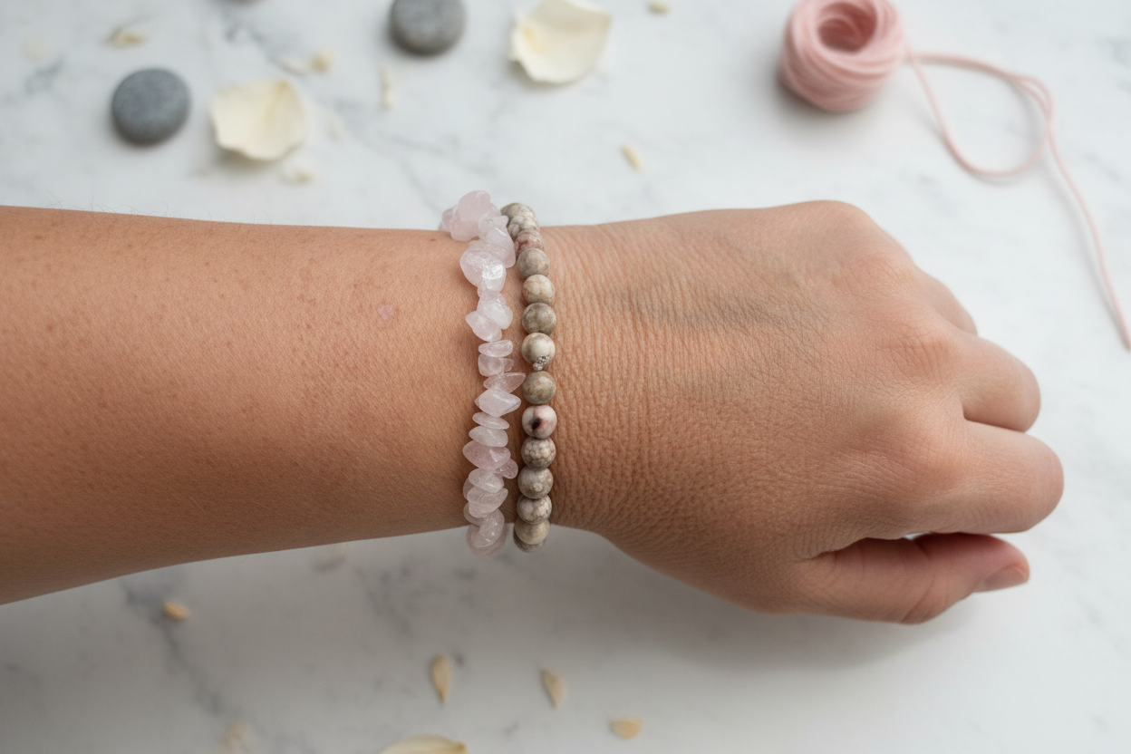 Maifanite and Rose Quartz bracelets on wrist