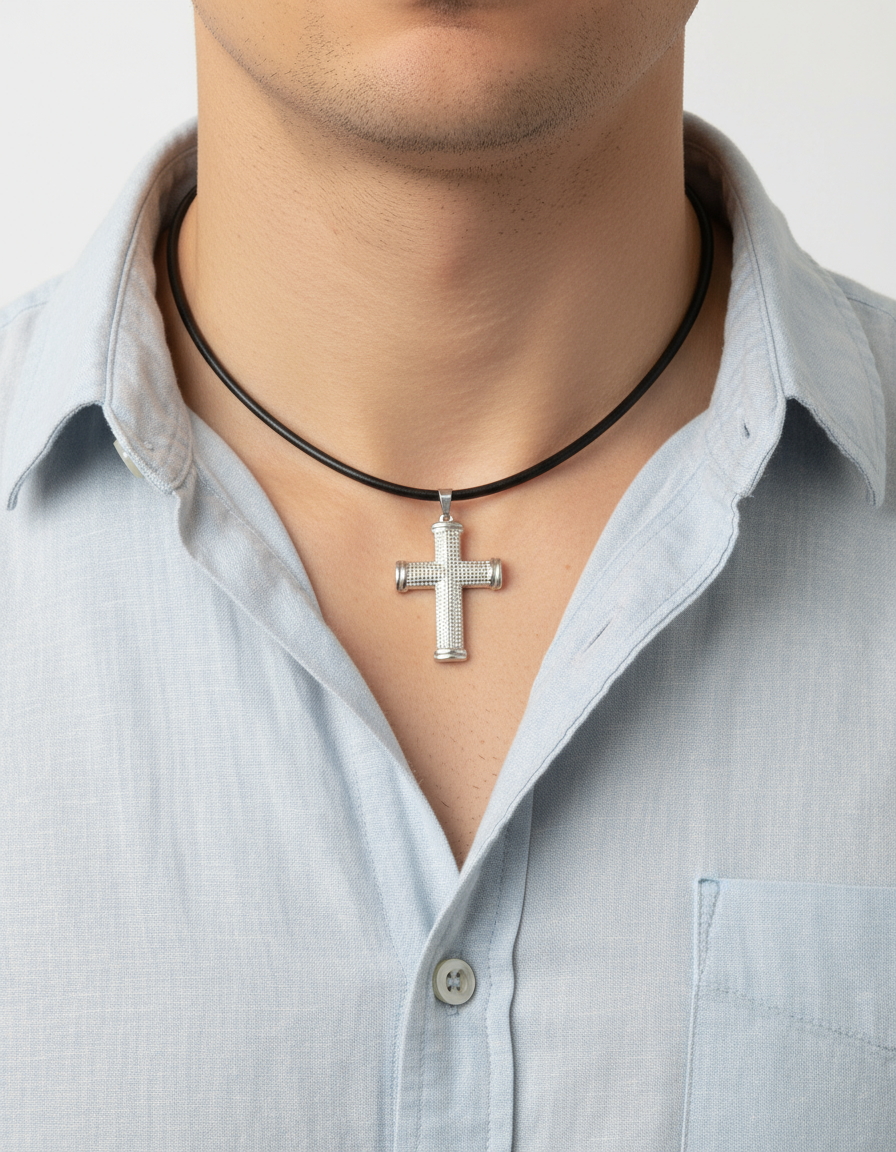 Male torso wearing silver cross necklace