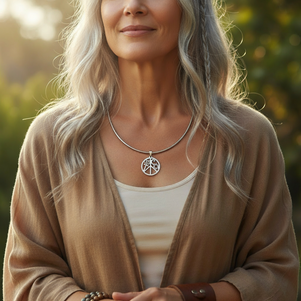 Mature American bohemian woman wearing shorter coexist spiritual peace necklace