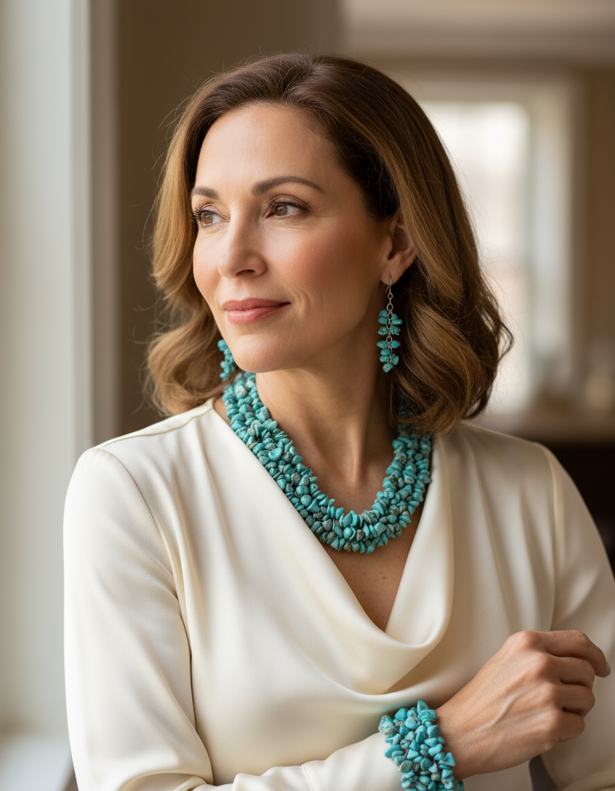 Mature American woman wearing turquoise jewelry set with medium length necklace