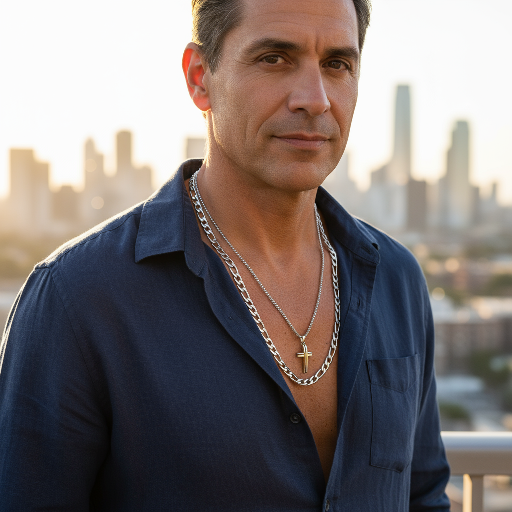 Mature Latin male model in different angle and outfit wearing layered necklace set