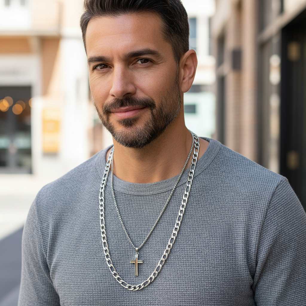 Mature Latin male model wearing layered necklace set with two-tone silver cross