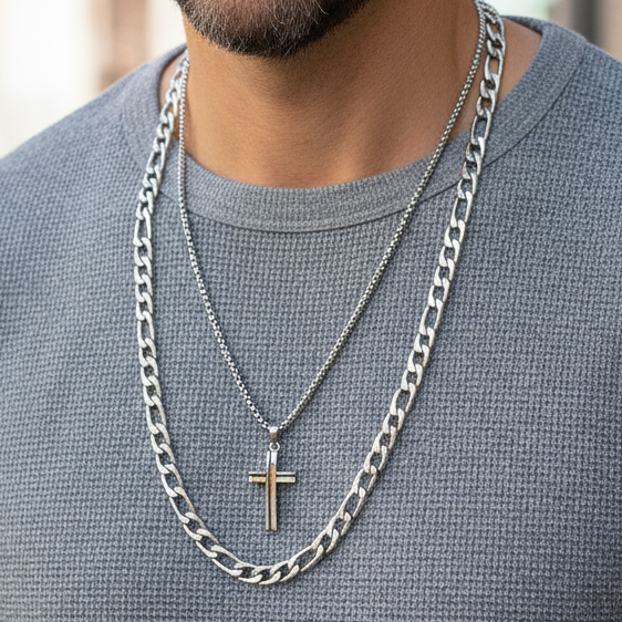 Mature Latin male model wearing layered necklace set with two-tone silver cross