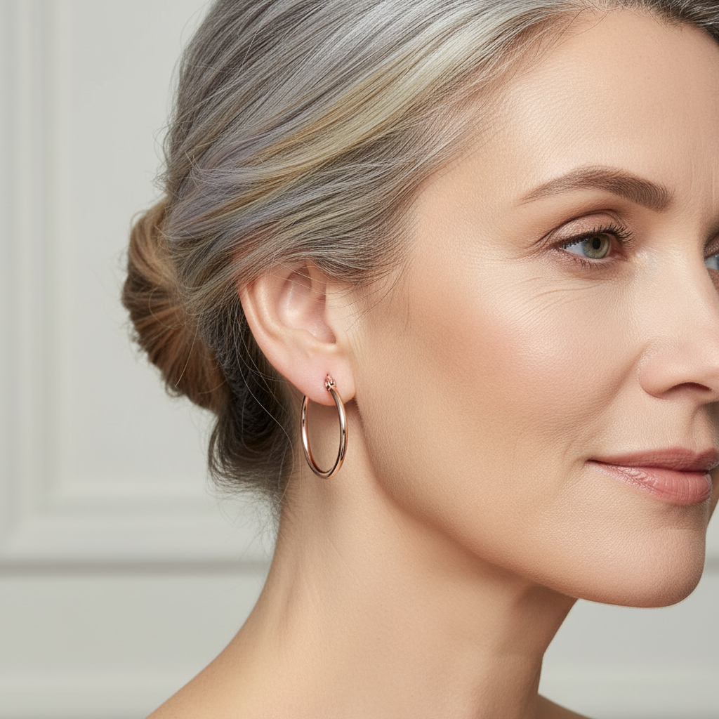 Mature woman wearing rose gold hoop earrings
