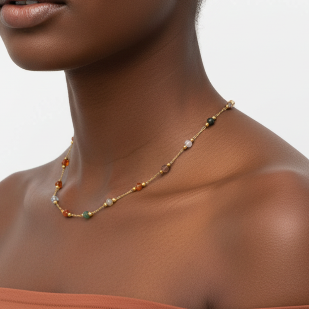 Mixed Gemstone Necklace Collarbone Level Afro Model