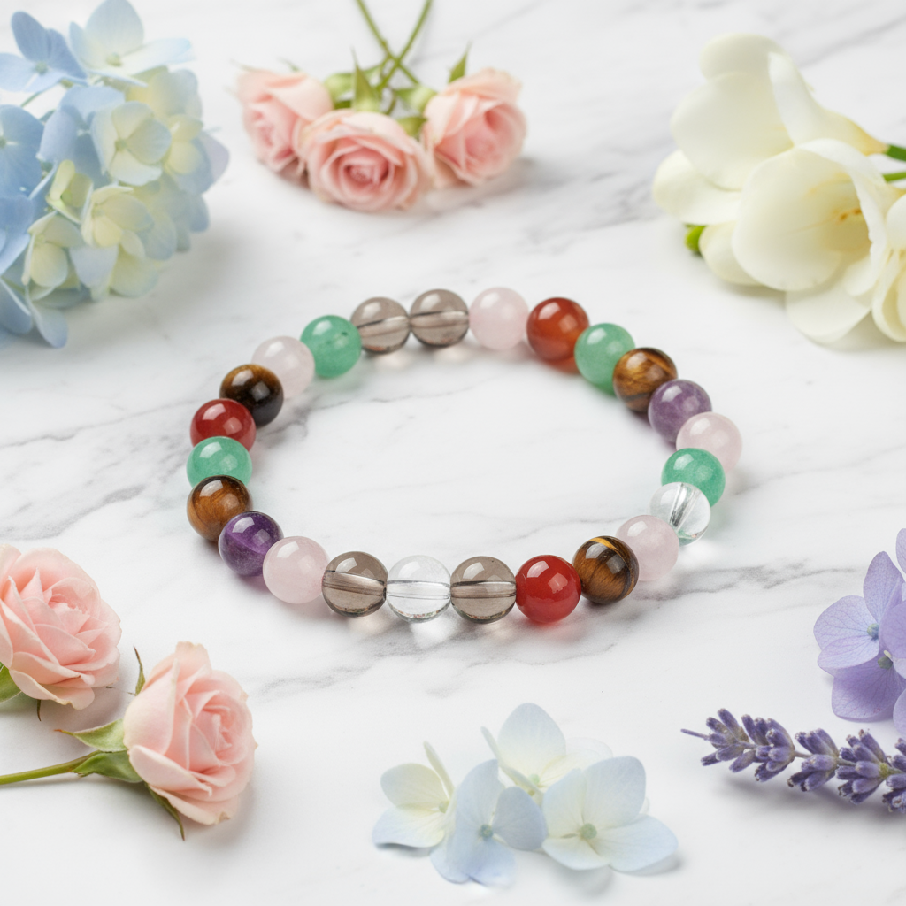 Mixed stone bracelet on marble with flowers