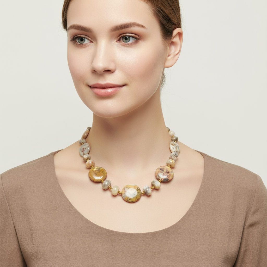 Model in brown clothing wearing crazy agate necklace