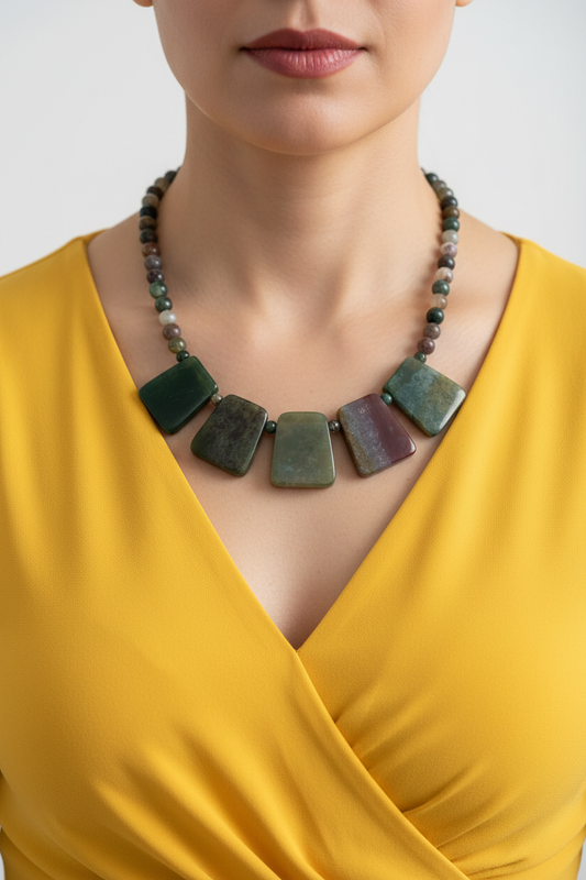 Model in Yellow with Indian Agate Necklace