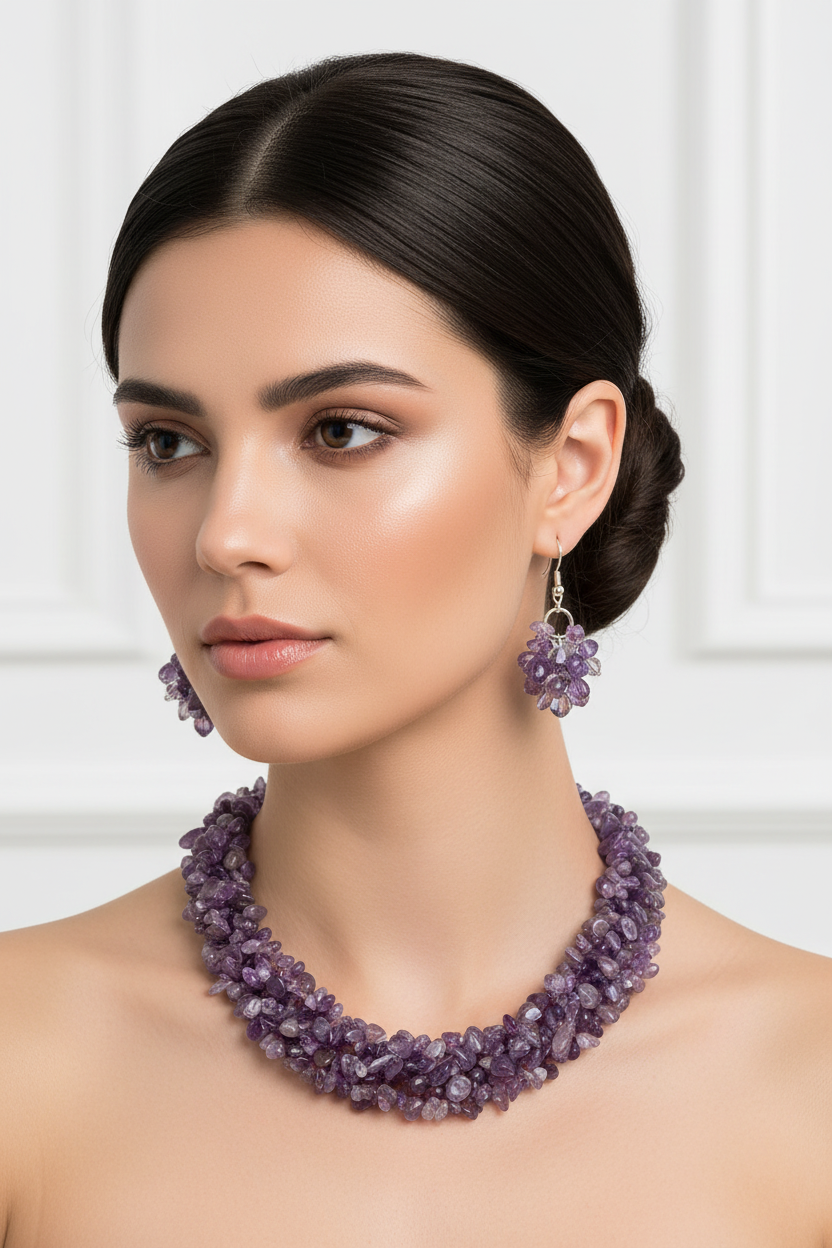 Model wearing amethyst set