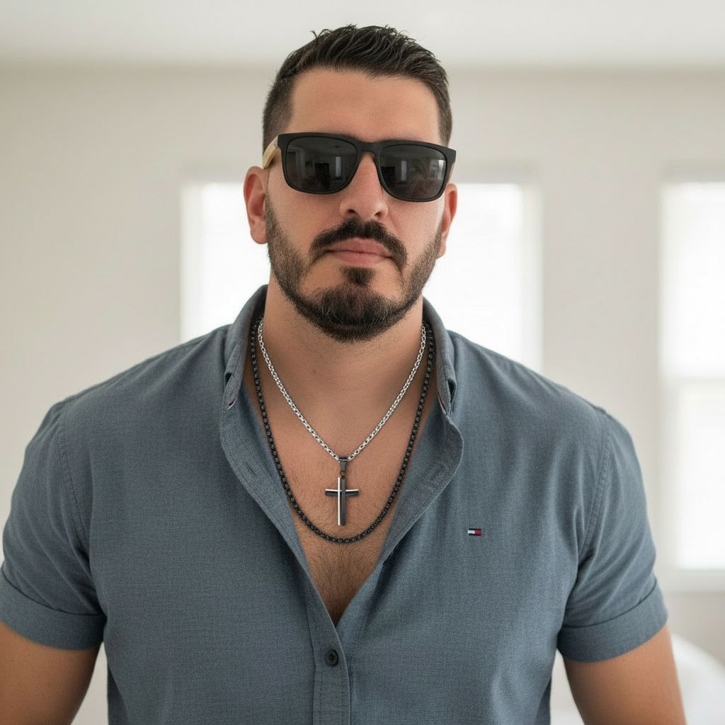 Model Wearing Black Square Box and Silver Rolo Cross Chain Set