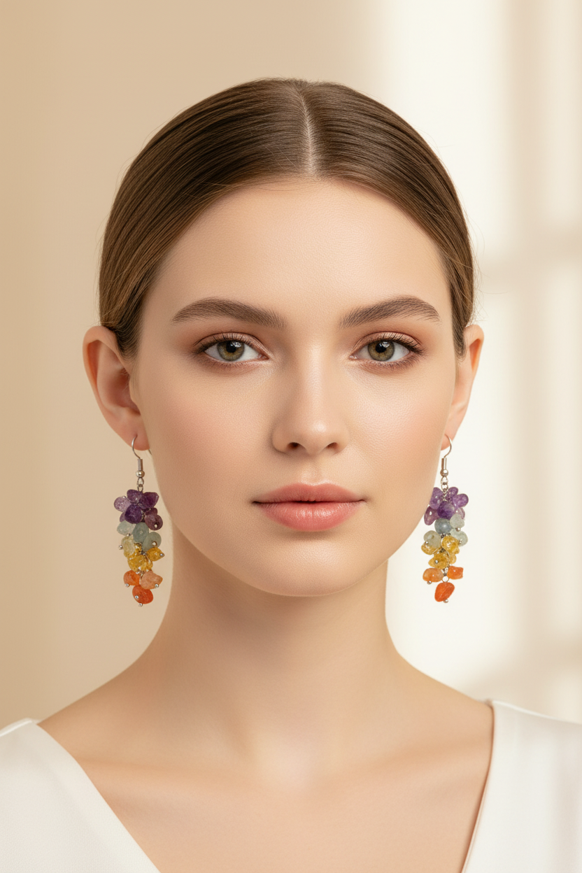 Model Wearing Both Chakra Earrings