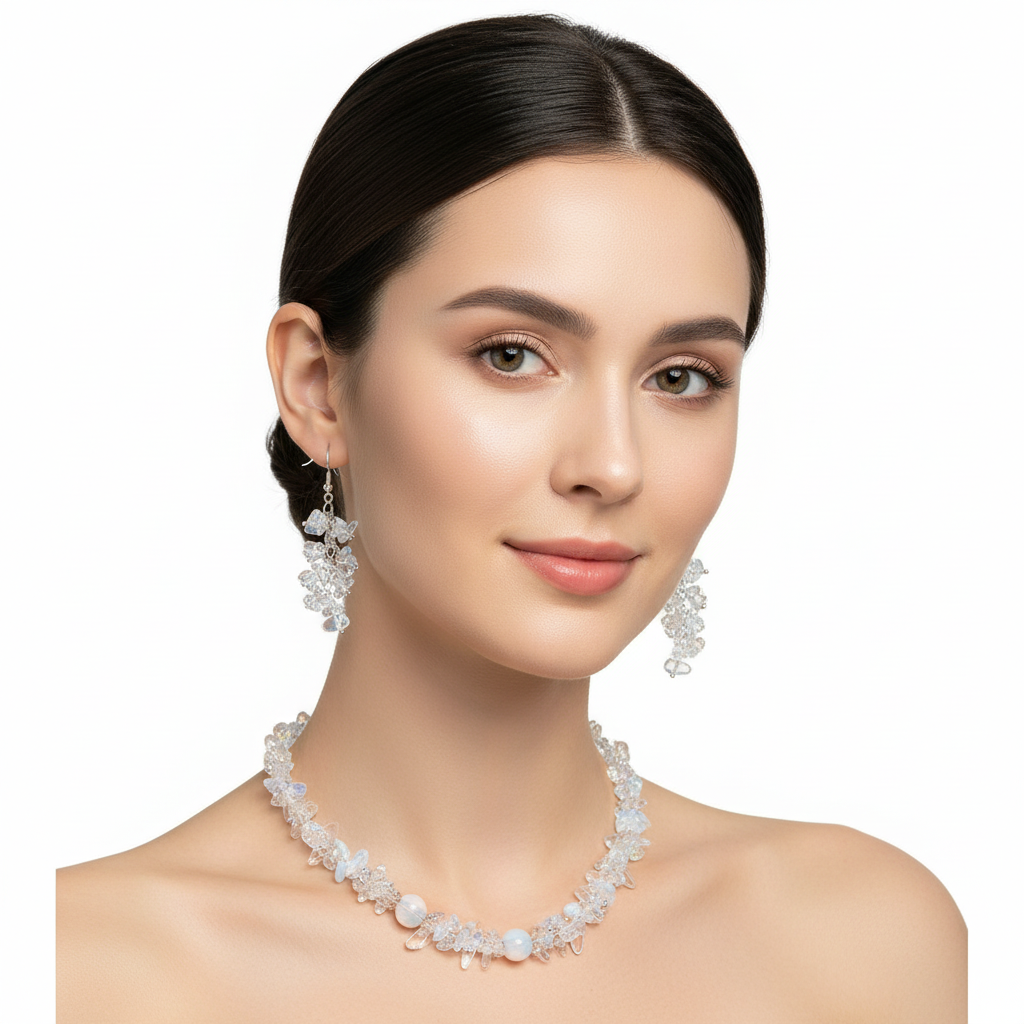 Model wearing complete opalite necklace and crystal earrings set