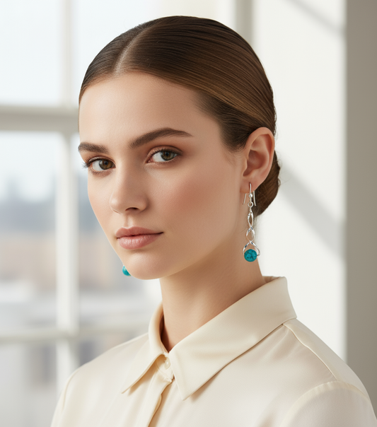Model wearing turquoise twisted spiral earrings