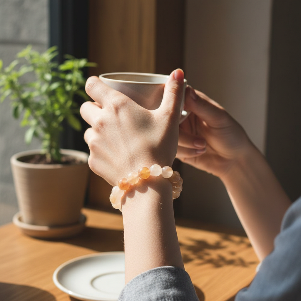Modelo sosteniendo taza - enfoque en pulsera