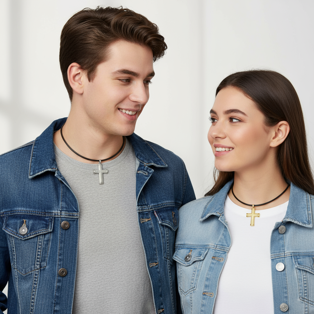 Models wearing cross necklaces with shorter cord length