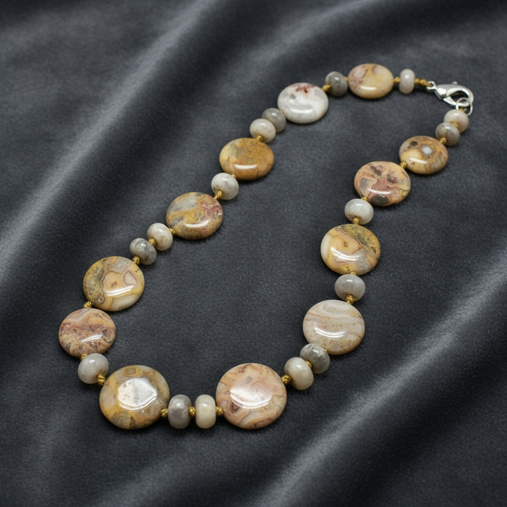 Necklace on fabric background