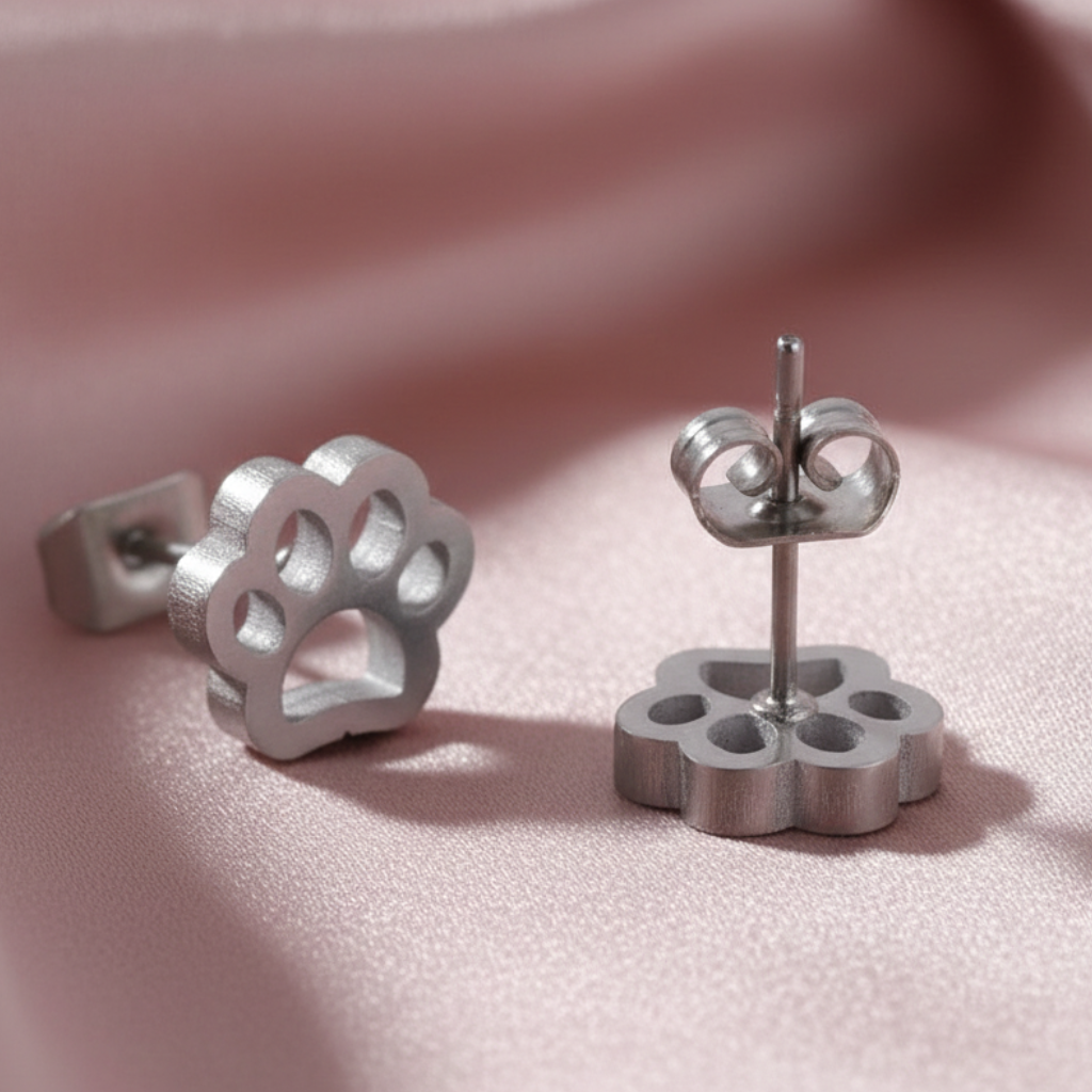 Paw Print Earrings Back on Blush Satin