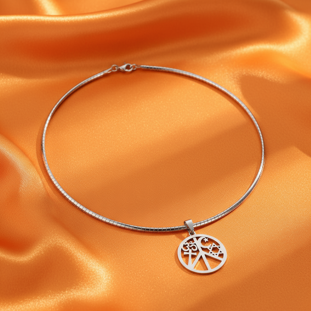 Peace sign omega chain necklace without extender on orange satin background