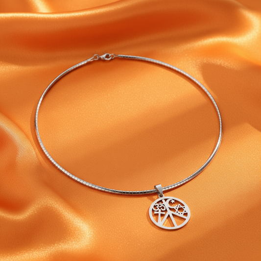 Peace sign omega chain necklace without extender on orange satin background