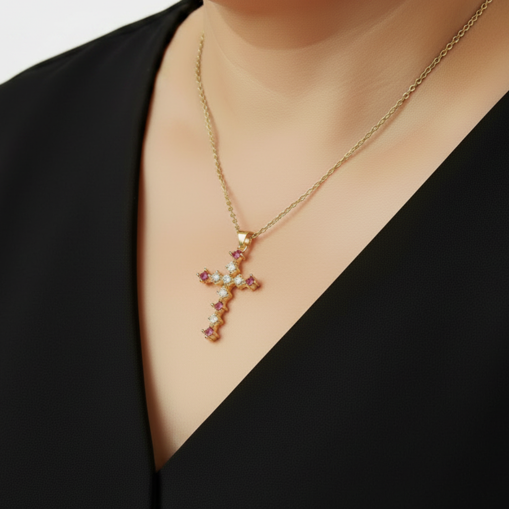 Pink CZ Cross Necklace Plus Size Latina Right Diagonal Button Shirt