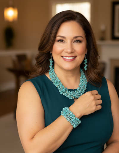 Plus-size mature woman wearing turquoise jewelry set at collarbone level