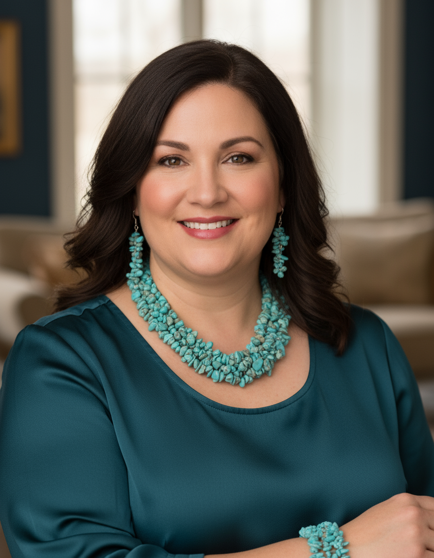 Plus-size mature woman wearing turquoise jewelry set with shorter necklace