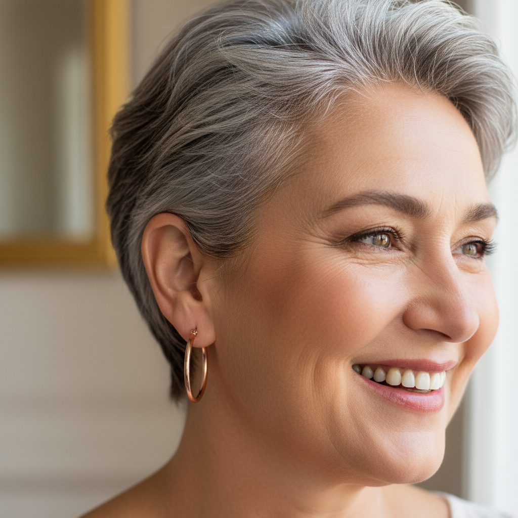 Plus-size mature woman with short gray hair wearing rose gold hoop earrings