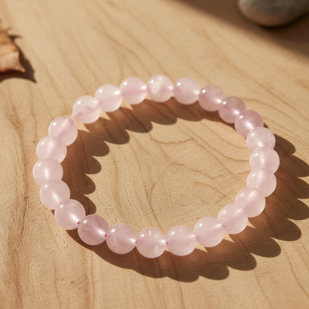 Pulsera de cuarzo rosado en madera