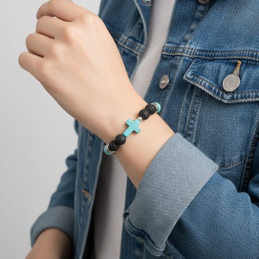 Pulsera de lava con cruz turquesa - denim jacket