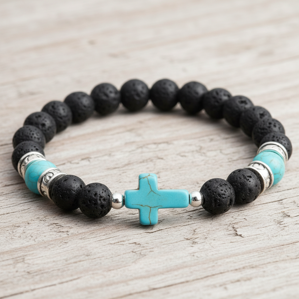 Pulsera lava con cruz turquesa sobre madera