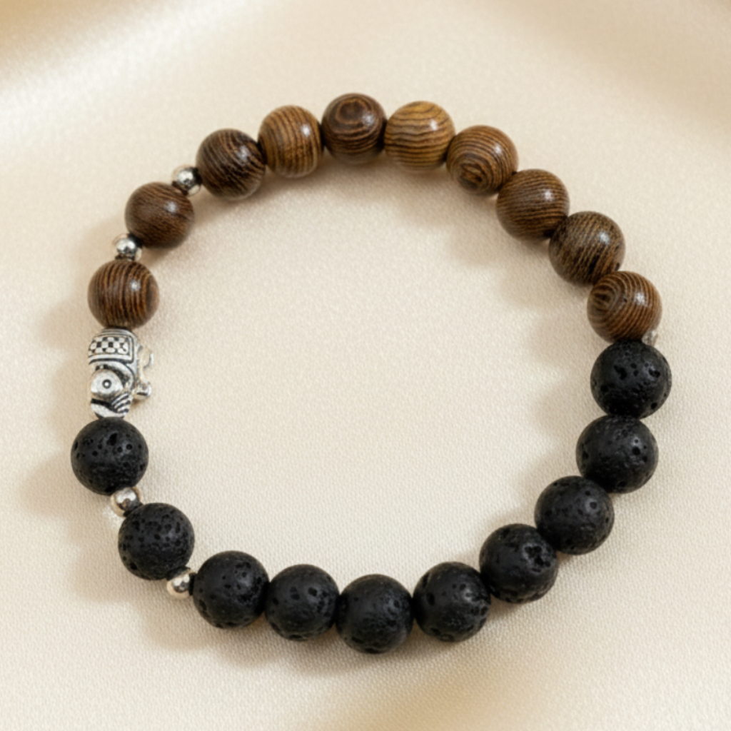 Pulsera Lava & Madera Elefante - Fondo Crema Satinado