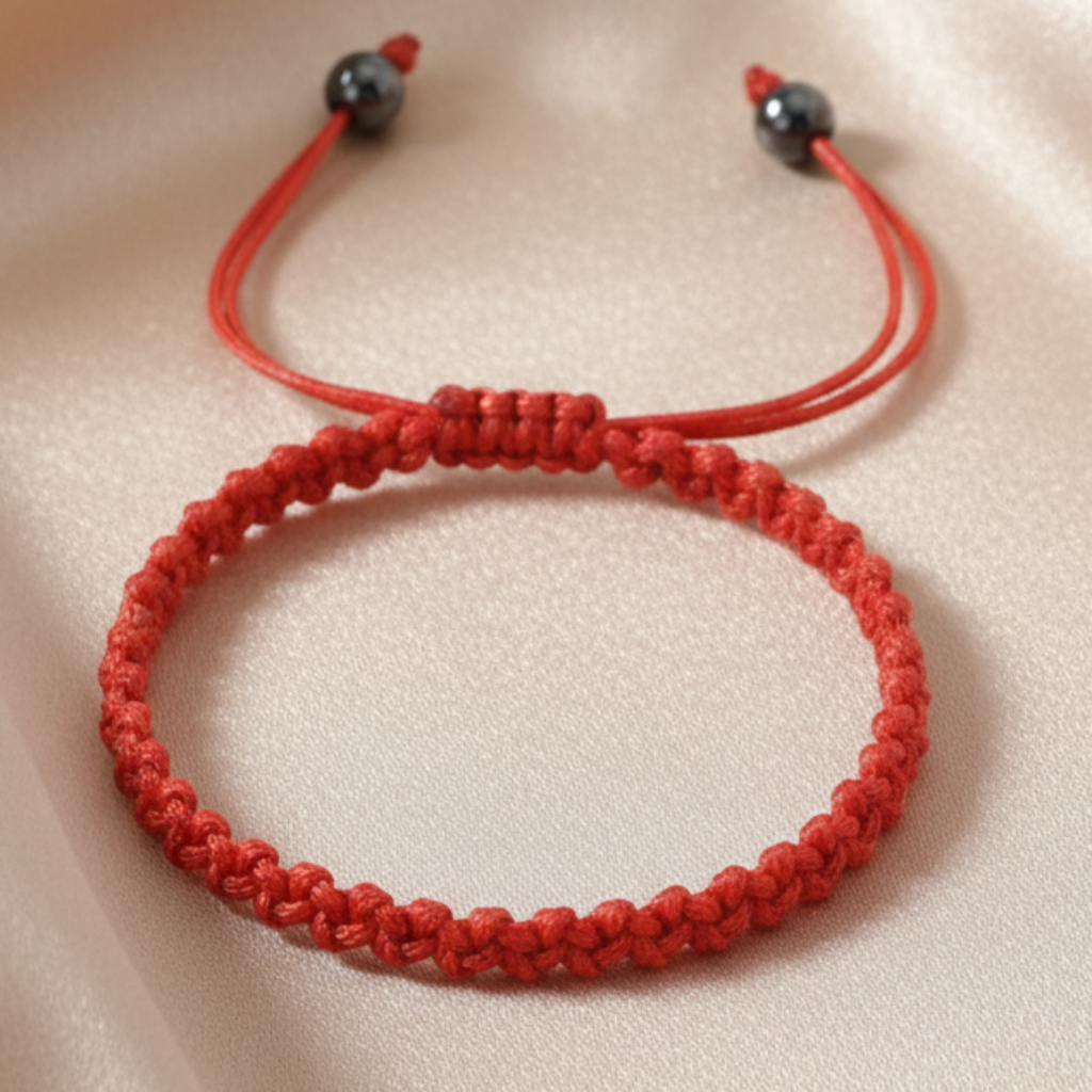 Red Braided Bracelet – Champagne Satin Background