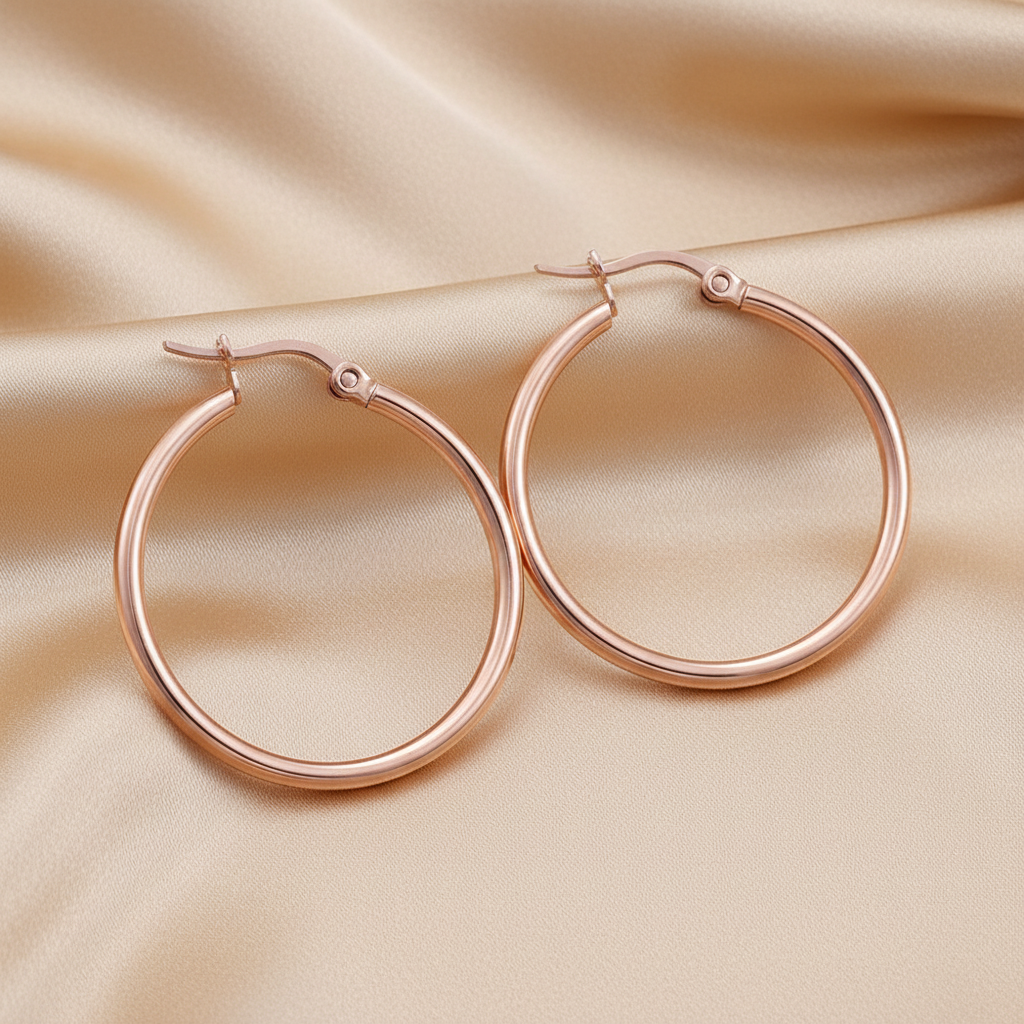 Rose Gold Hoop Earrings - Fondo Champagne Satinado
