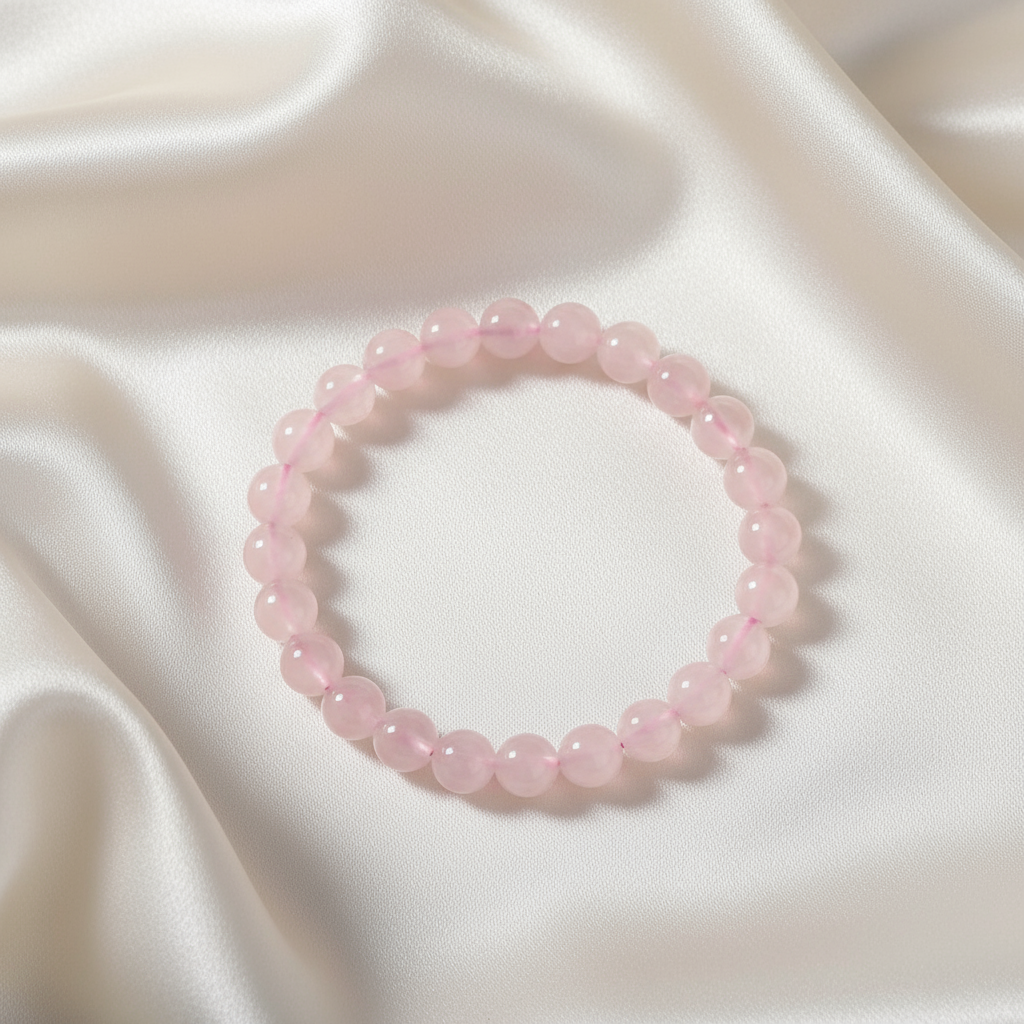 Rose Quartz Bracelet on Satin Background