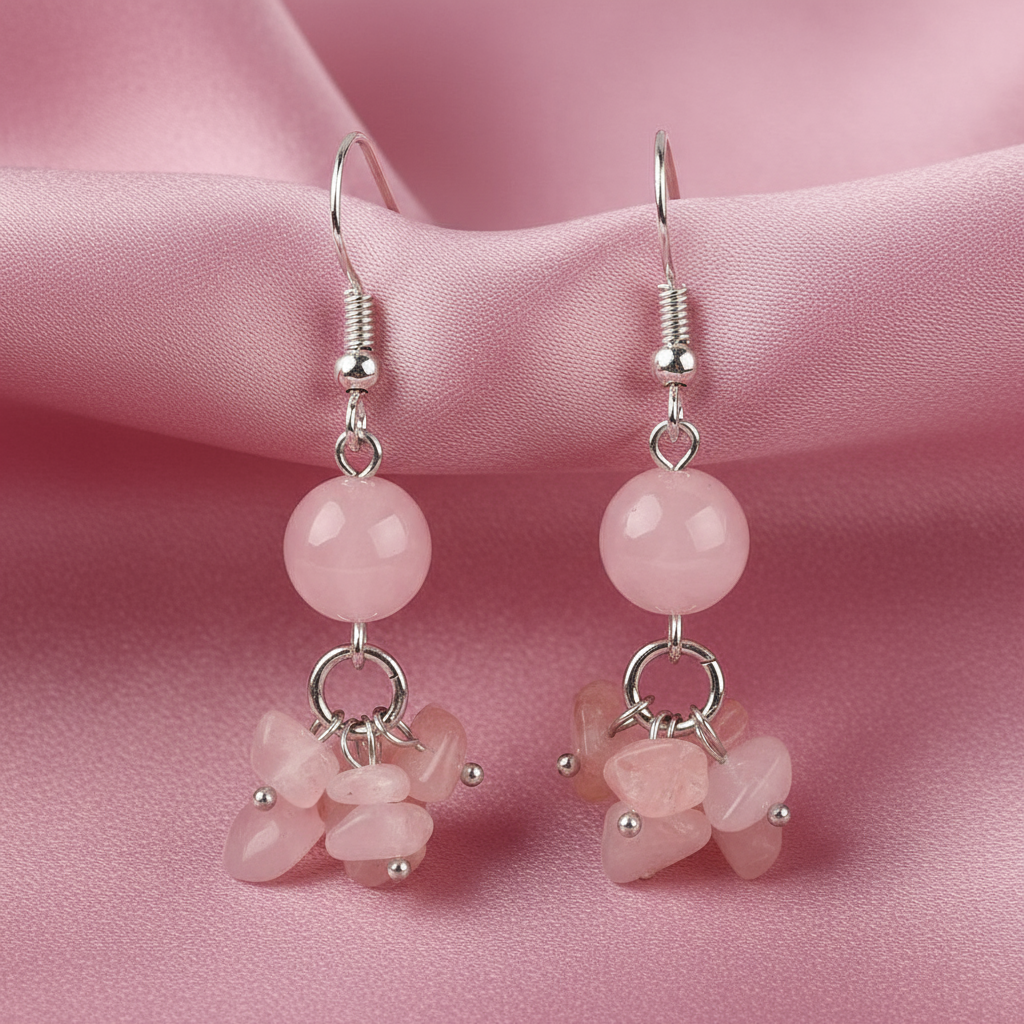 Rose Quartz Earrings - Clear Chips on Pink Satin