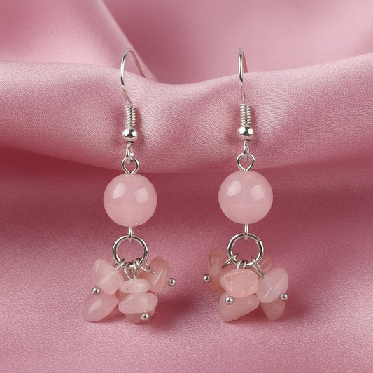 Rose Quartz Earrings - Clear Chips on Pink Satin