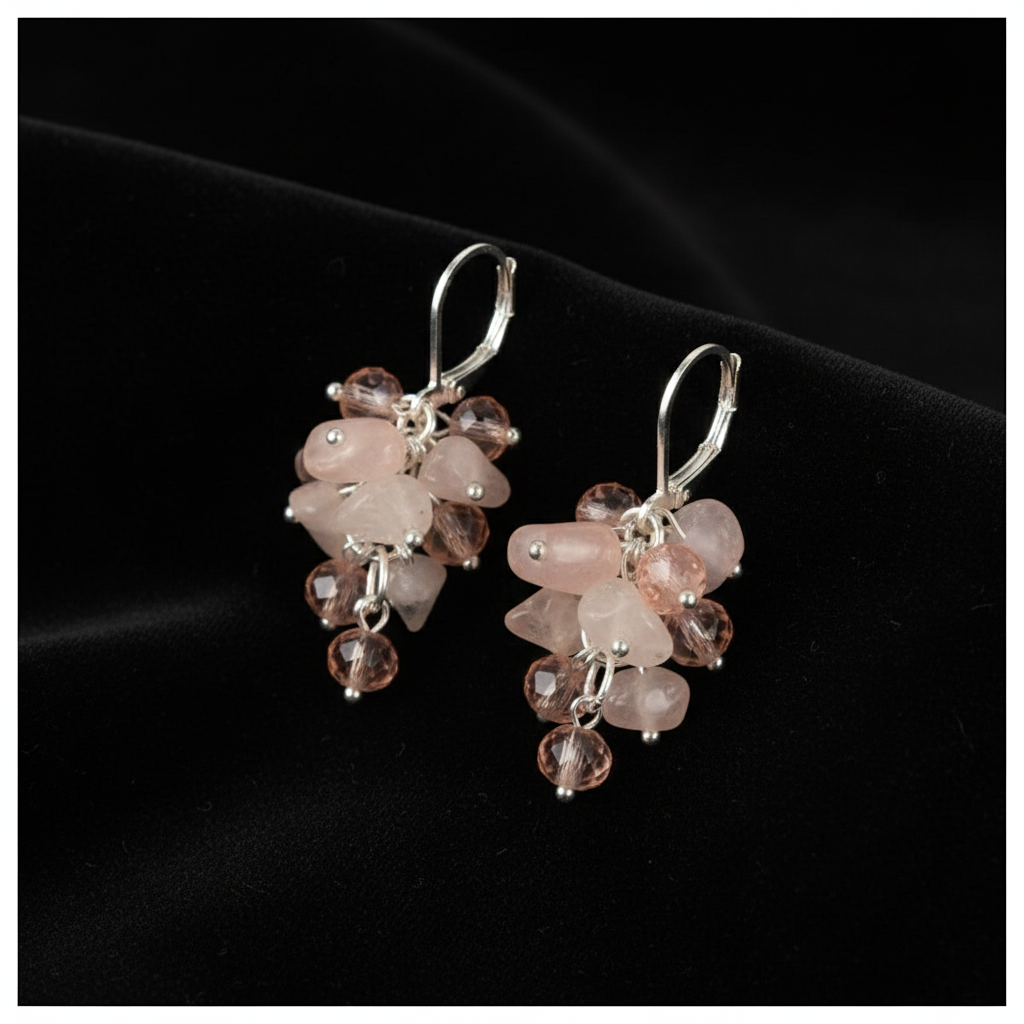Rose quartz earrings on black velvet