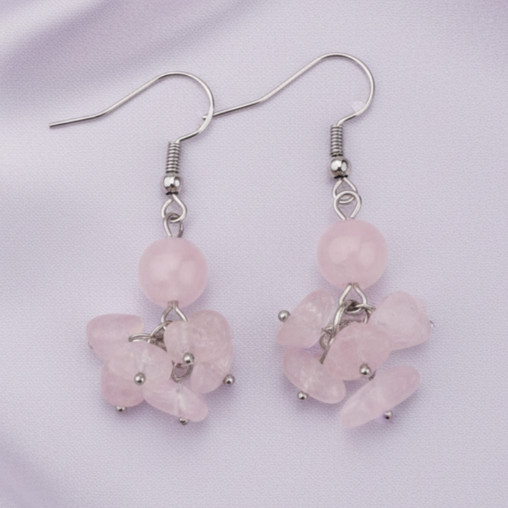 Rose Quartz Earrings on Lavender Satin