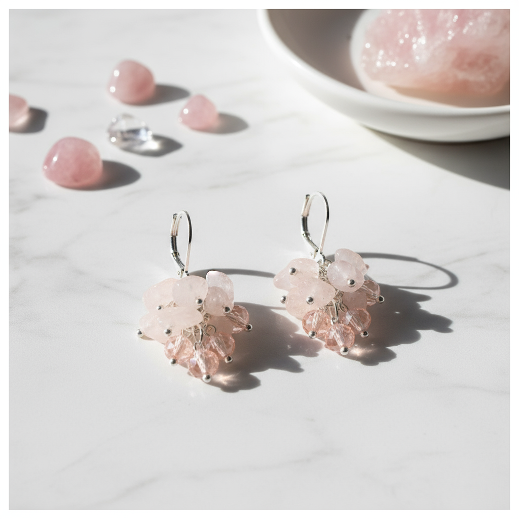 Rose quartz earrings on marble