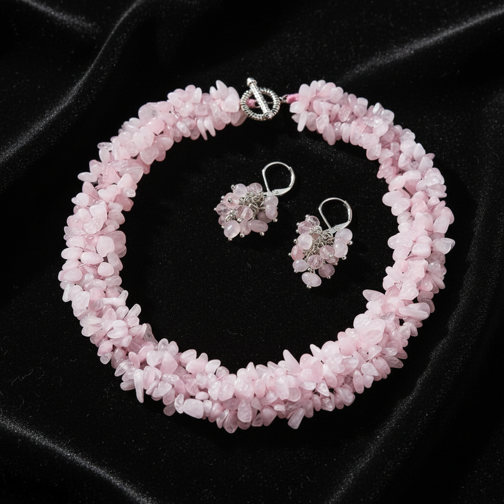 Rose quartz jewelry set on black velvet