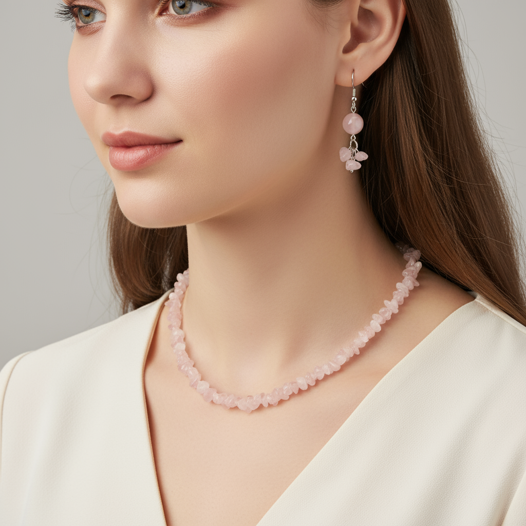 Rose Quartz Necklace and Earrings Set on Model