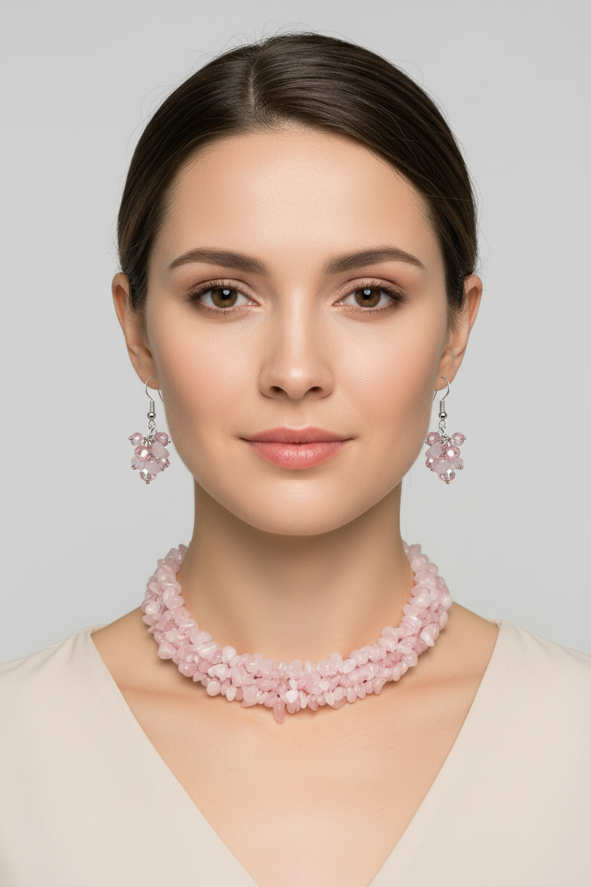 Rose quartz necklace with earrings - front view