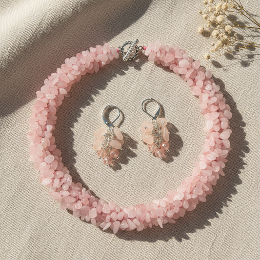 Set de cuarzo rosa en fondo natural