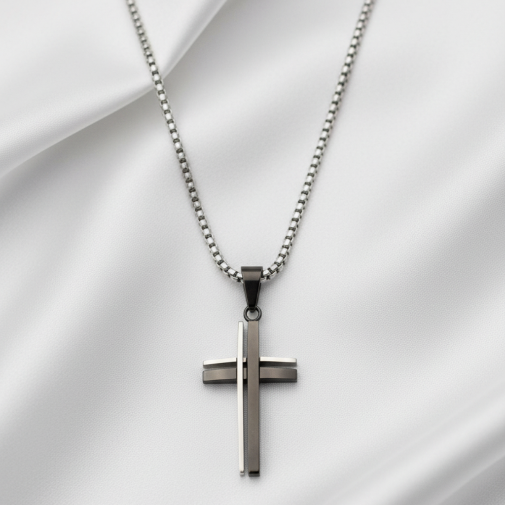 Silver and Black Cross Pendant - Clean Background