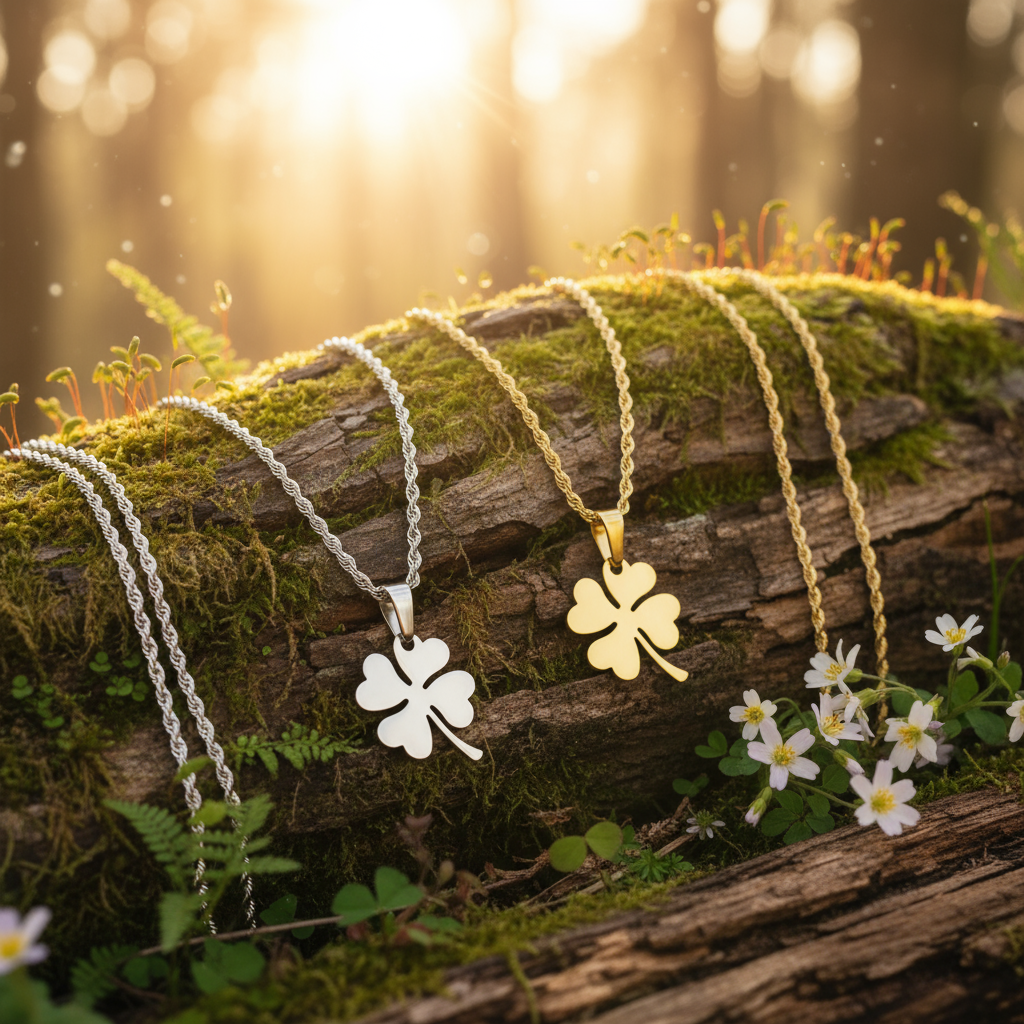 Silver and gold clover necklaces displayed in stunning natural setting