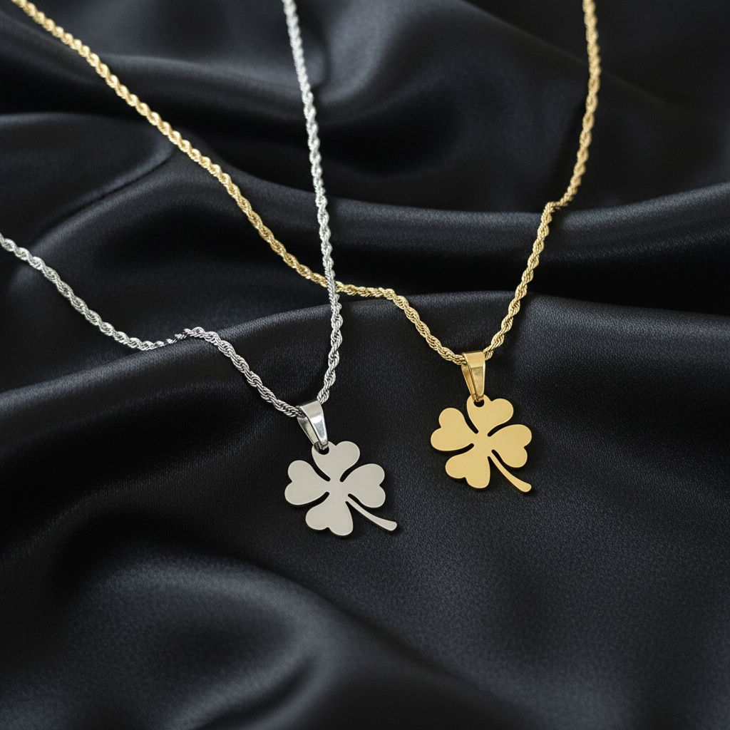 Silver and gold clover necklaces on black satin background