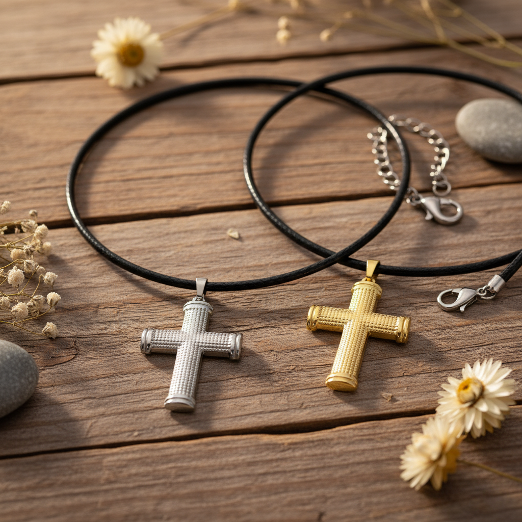 Silver and gold cross necklaces with lobster clasps on attractive background