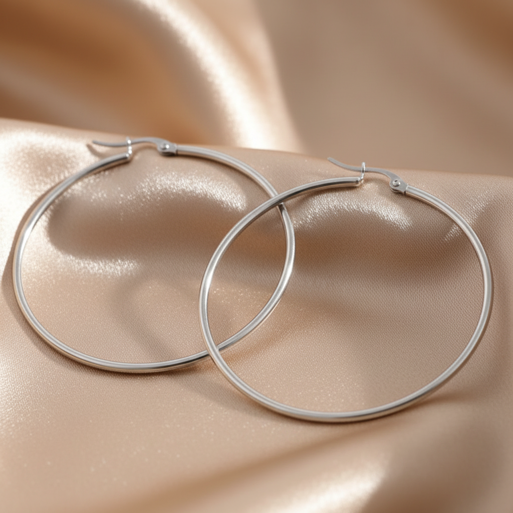 Silver Hoop Earrings – Champagne Satin Background