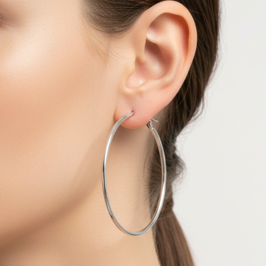 Silver Hoop Earrings – Model Wearing