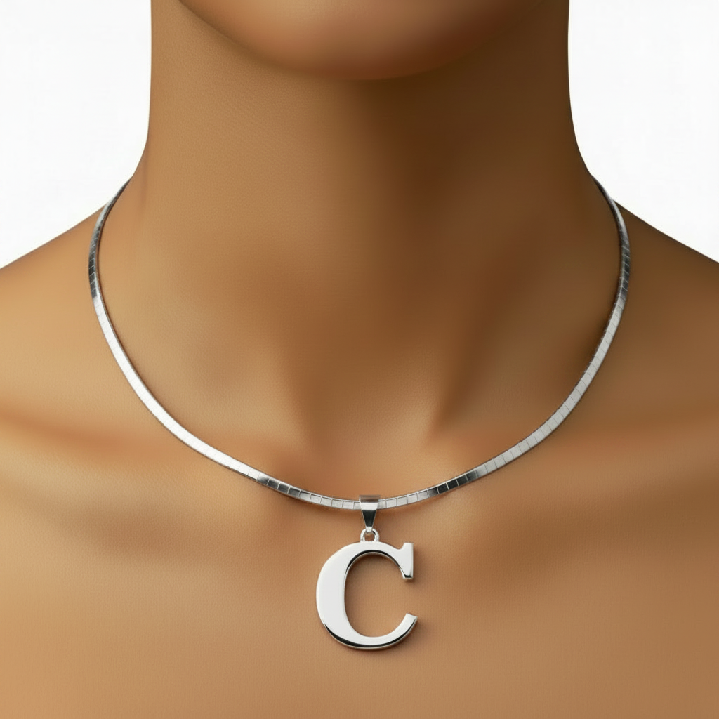 Silver Letter C Necklace On Model